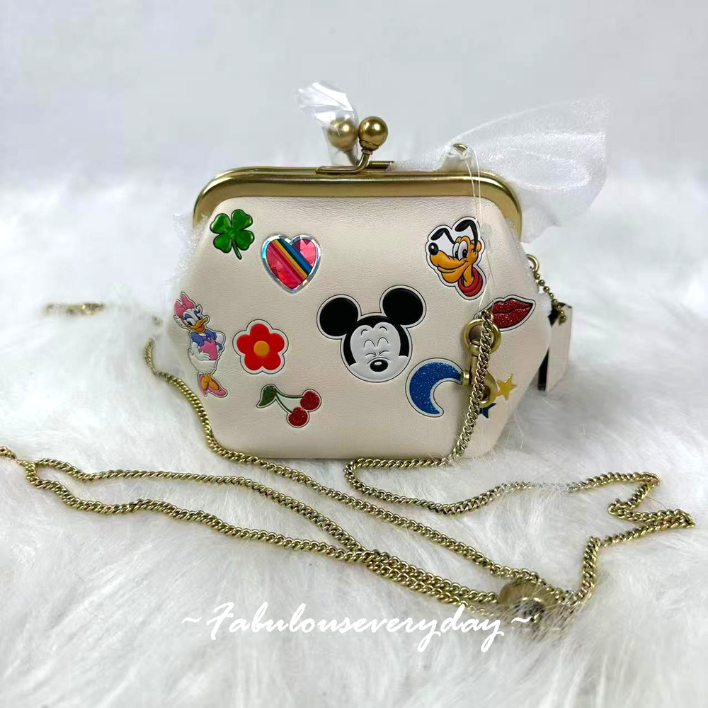 Disney X Coach Kisslock Frame Bag 10 With Sticker Print Leather/Chalk CDO91 NWT
